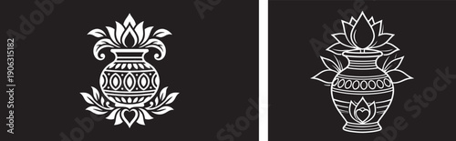 Traditional Indian Kalash pots filled with lotus flowers, symbolic of prosperity and auspiciousness.