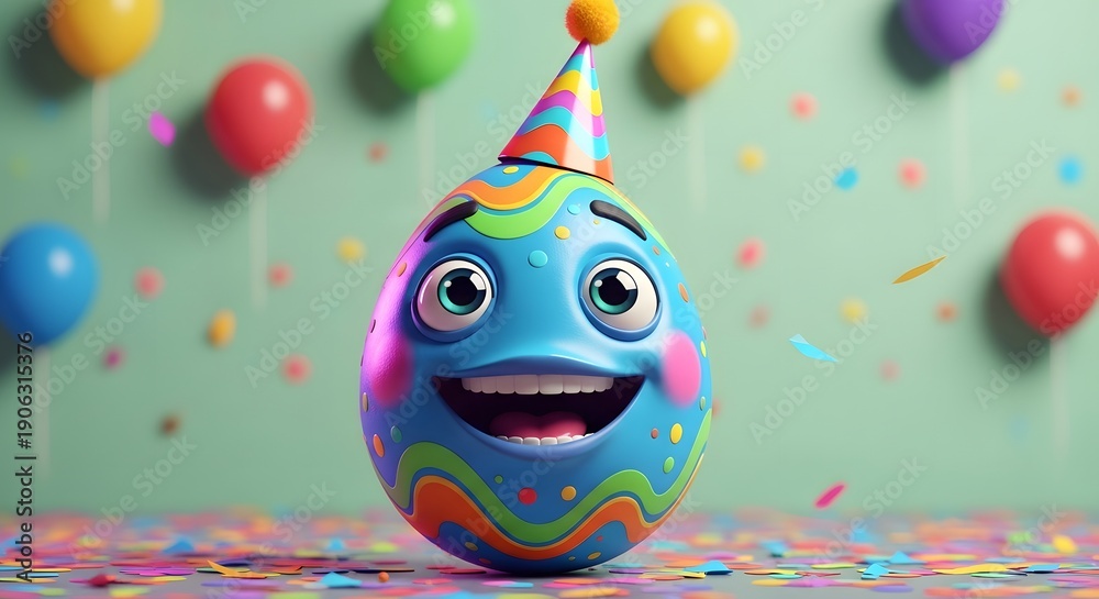 Fototapeta premium A colorful cartoon easter egg character celebrating a birthday