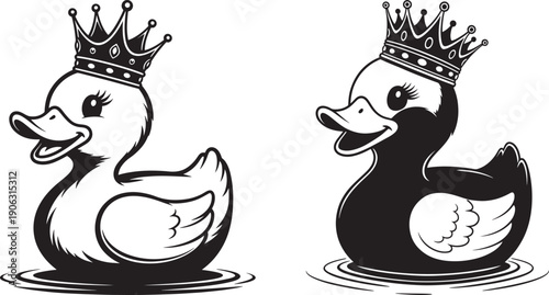 Chic rubber ducks wearing crowns, one light, one dark, floating in water, a whimsical design for bath time, royalty, or playful concepts.