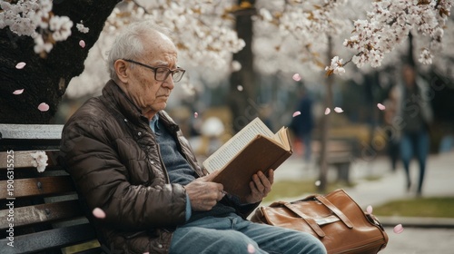 An elderly man with glasses sits on a wooden bench under a cherry blossom tree