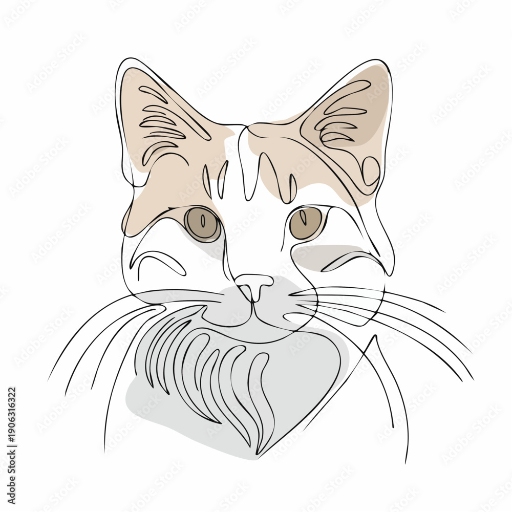 Fototapeta premium Minimalist continuous line art portrait of a domestic cat, featuring elegant contours and subtle color washes, perfect for modern pet illustration designs