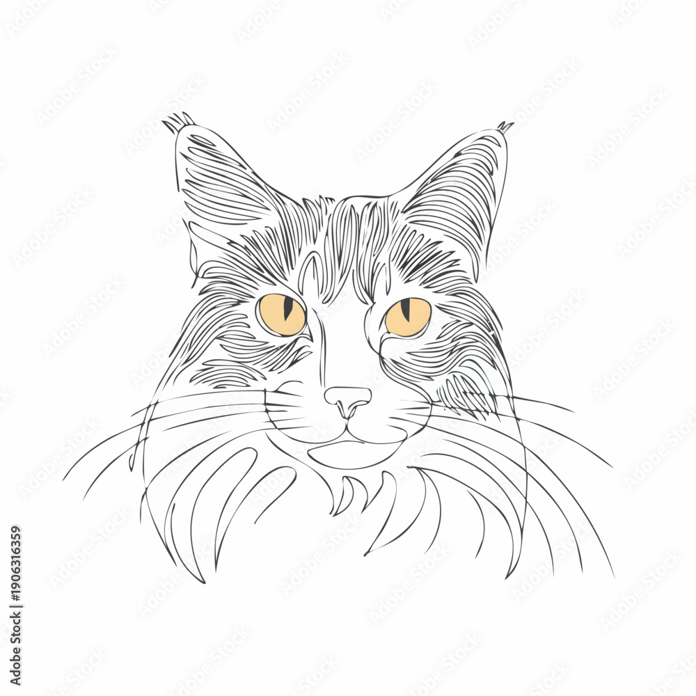 Fototapeta premium Detailed line art illustration of a fluffy Maine Coon cat with striking yellow eyes, capturing its majestic and gentle nature