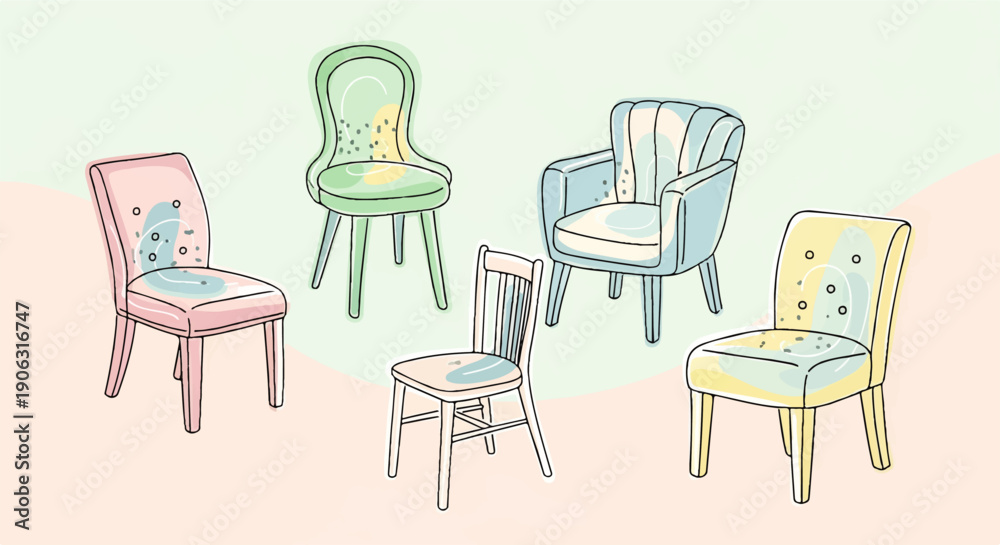 Fototapeta premium An artistic collection of diverse chairs, showcasing various contemporary and classic styles in soft pastel watercolor illustrations for home decor concepts