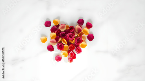 Romantic Red Rose Petals Arranged in a Heart Shape on an Elegant White Marble Surface
