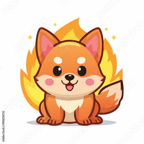 Adorable cartoon Shiba Inu puppy surrounded by flames.