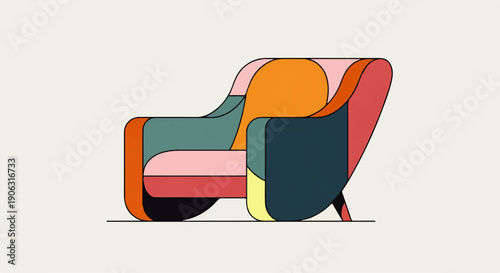 A vibrant, abstract illustration of a modern armchair with bold geometric shapes and a striking color palette