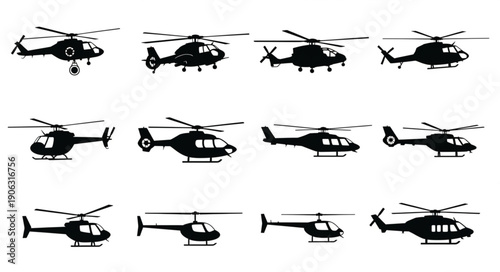 Collection of Helicopter Silhouettes Isolated on White Background.