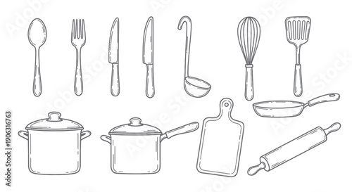 Essential Kitchenware and Cooking Tools Hand Drawn Outline Doodle Collection