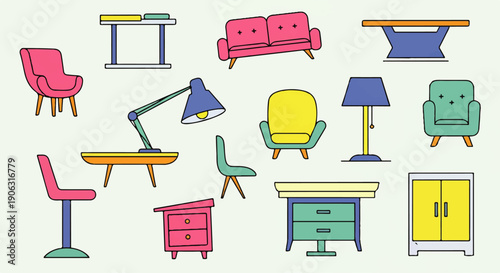 Collection of modern, colorful furniture items including chairs, tables, sofas, lamps, and cabinets, presented in a flat design style