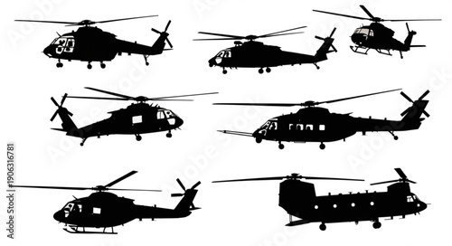 Collection of Helicopter Silhouettes Isolated on White Background.