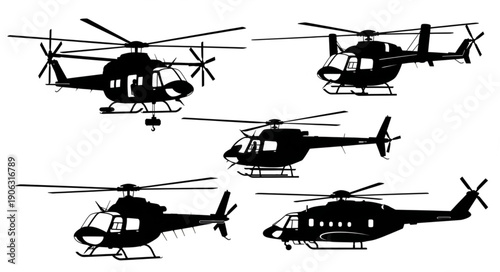 Collection of helicopter silhouettes isolated on white background.