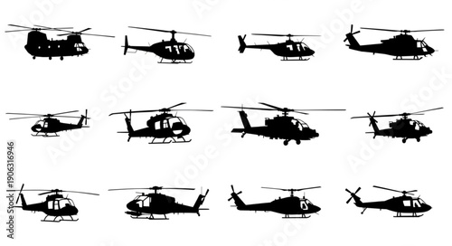 Collection of Helicopter Silhouettes in Flight.