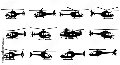 Collection of Helicopter Silhouettes in Various Poses.