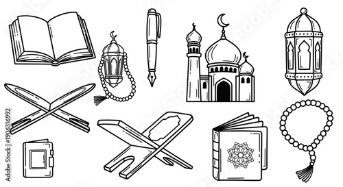 Islamic Religious Items and Ramadan Kareem Hand Drawn Doodle Set