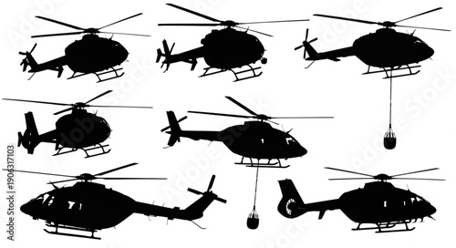 Collection of Helicopter Silhouettes in Various Poses.