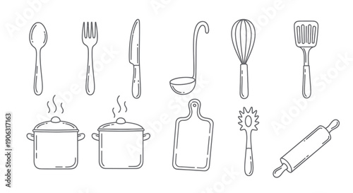 Kitchenware and Cooking Utensils Outline Icon Set for Recipe Design