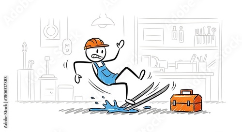 Cartoon construction worker slipping on wet floor in workshop with toolbox.