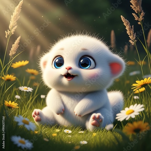 Fluffy white cartoon creature smiles brightly while sitting in a sunlit meadow of wildflowers