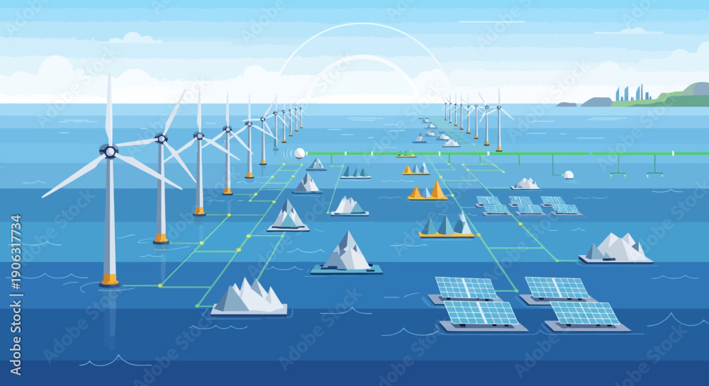 Obraz premium Renewable Energy Ocean Farm with Solar Panels and Wind Turbines