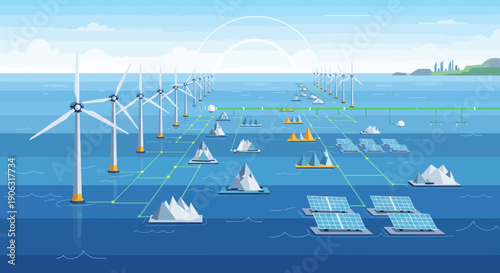Renewable Energy Ocean Farm with Solar Panels and Wind Turbines