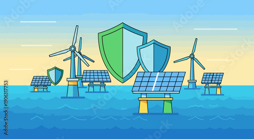 Renewable energy infrastructure with solar panels and wind turbines