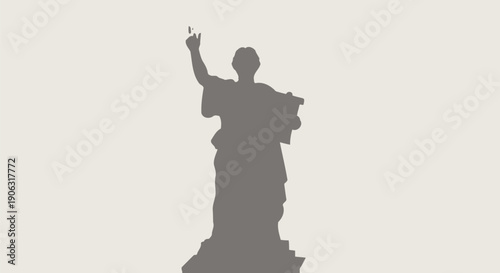 Statue silhouette with raised arm and finger pointing upwards on beige background