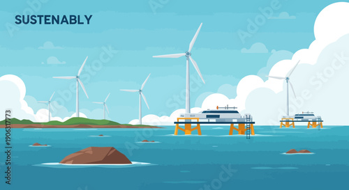 Offshore wind farm with platforms in ocean