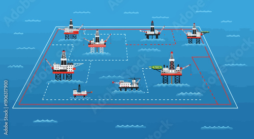 Offshore oil rigs in ocean with pipeline network