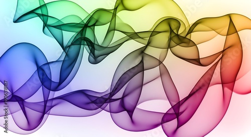 Abstract rainbow-colored smoke-like waves flowing dynamically across a white background, creating a vibrant visual effect illustration