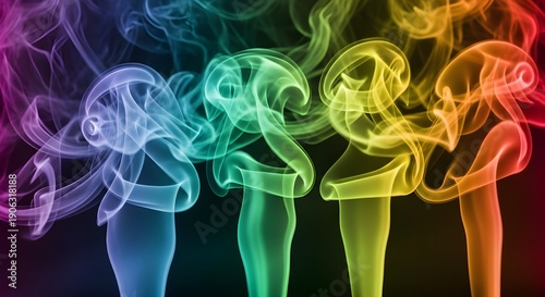 Colorful smoke swirls in vibrant hues against a dark background, creating an ethereal and dynamic visual effect illustration