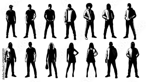 Vector silhouettes of young men, illustration. Silhouettes of young people posing in casual clothes. Transparent background SVG version.