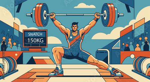 Weightlifter Snatch Lift

Flat vector illustration of a weightlifter performing snatch lift. Athlete in strong wide stance, barbell overhead. Flat vector style, athletic competition scene.