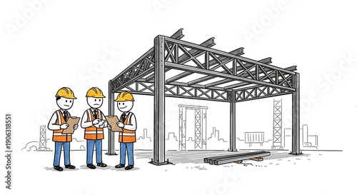 Construction workers in hard hats and vests reviewing blueprints at a steel structure site.