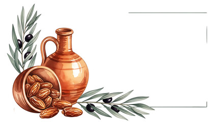Terracotta jug with dates and olives, antique style, border element for mediterranean theme design