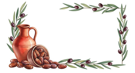 Mediterranean border with terracotta jug, dates, olives, and olive branches, decorative frame