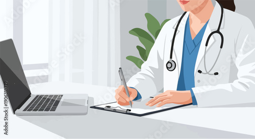 Medical professional at desk with laptop and stethoscope writing on clipboard