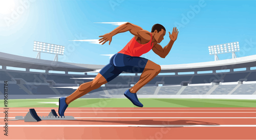 Athletic man in full sprint down a sunlit running track in a stadium, preparing for a race and pushing his limits
