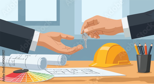 Facilitating a smooth real estate transaction and construction project completion with a key exchange symbolizing handover and new ownership for future growth