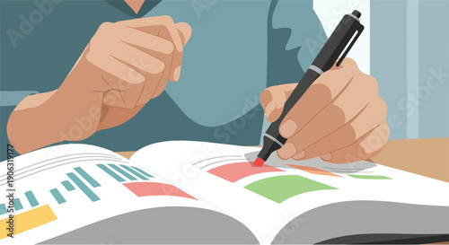 Illustration of hands highlighting text in a book, symbolizing learning, studying, and knowledge acquisition