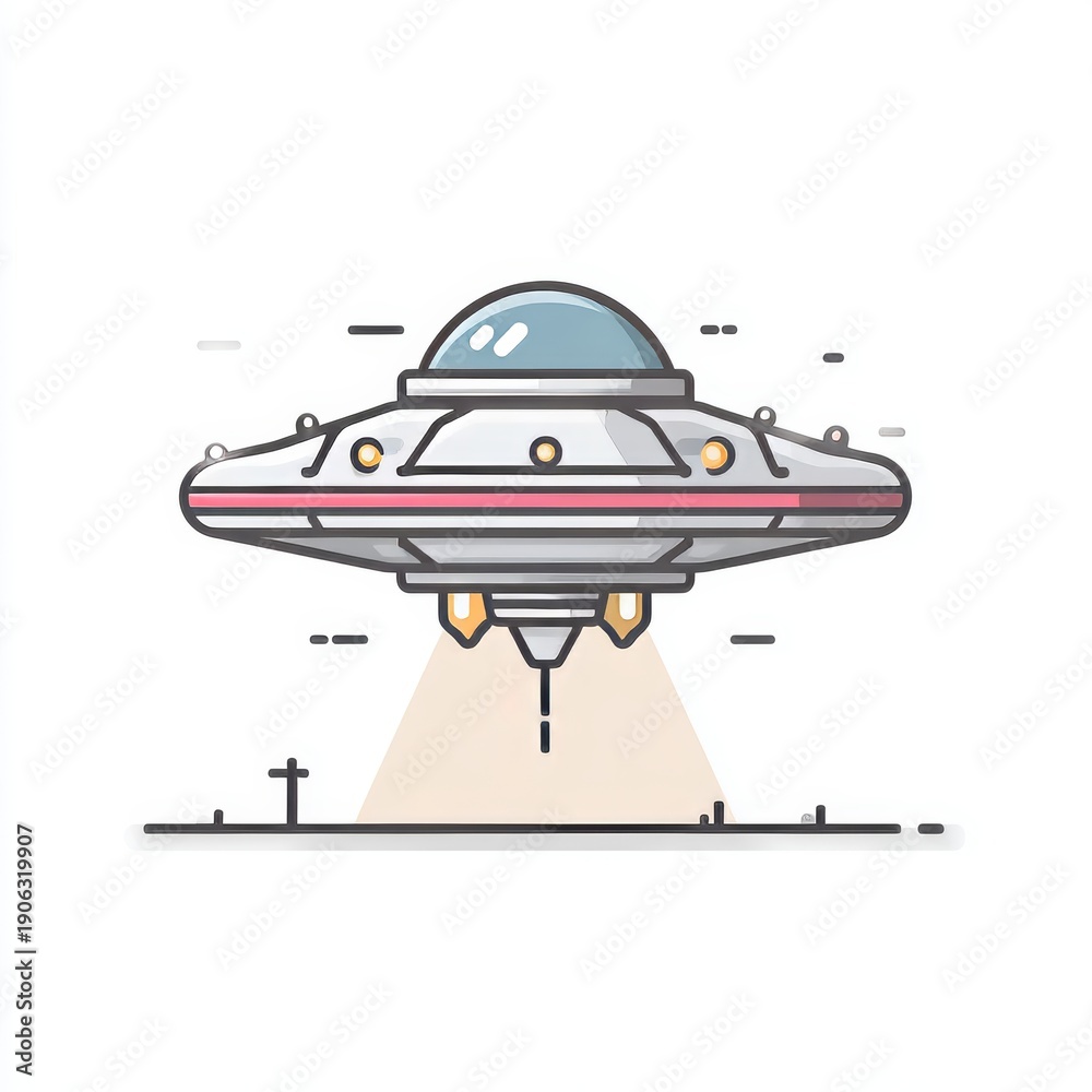 Fototapeta premium The artwork depicts a saucer-shaped UFO with a light blue dome atop an orange platform, pink illumination, representing alien life, advanced technology, and space exploration