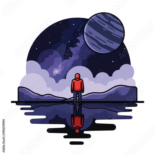 A man in red stands by water under a starry night sky