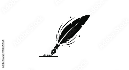 Elegant feather quill pen creating flowing ink lines on a white background