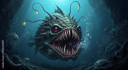 Monstrous deep sea creature with sharp teeth lurks in dark ocean depths