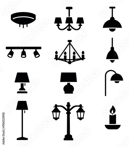Simple silhouette lighting set featuring various lamps, chandeliers, and outdoor lights for home and interior design