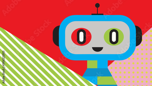 Friendly blue robot head features mismatched red and green eyes on red background.