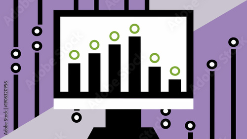 Computer monitor displays vibrant green and black bar chart against purple backdrop.
