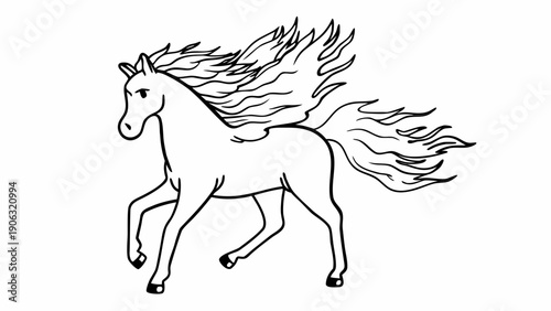Dynamic line drawing of a galloping winged horse with a flowing fiery mane and tail on a plain white.