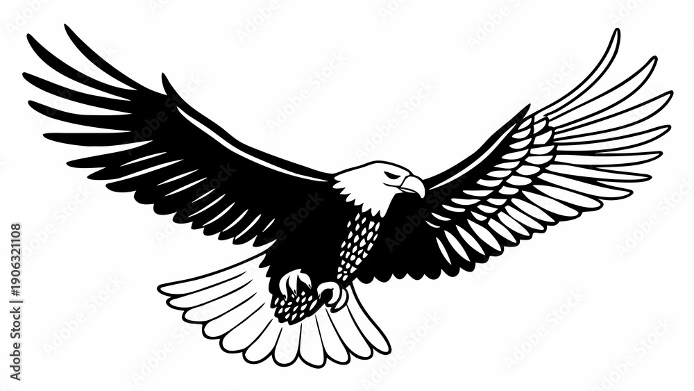 Fototapeta premium Detailed black and white illustration of a fierce bald eagle flying with outstretched wings downward.