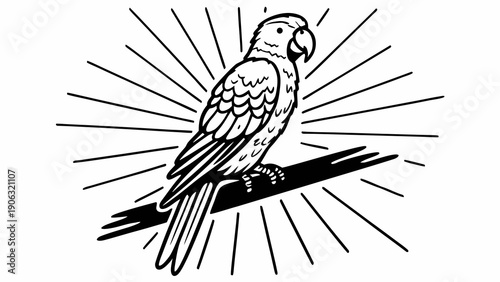 Black and white stylized parrot perches on a branch with radiating sun rays.