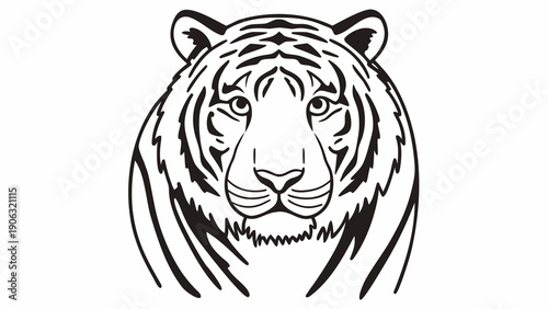 Detailed black and white illustration depicts the intense, symmetrical face of a majestic tiger.